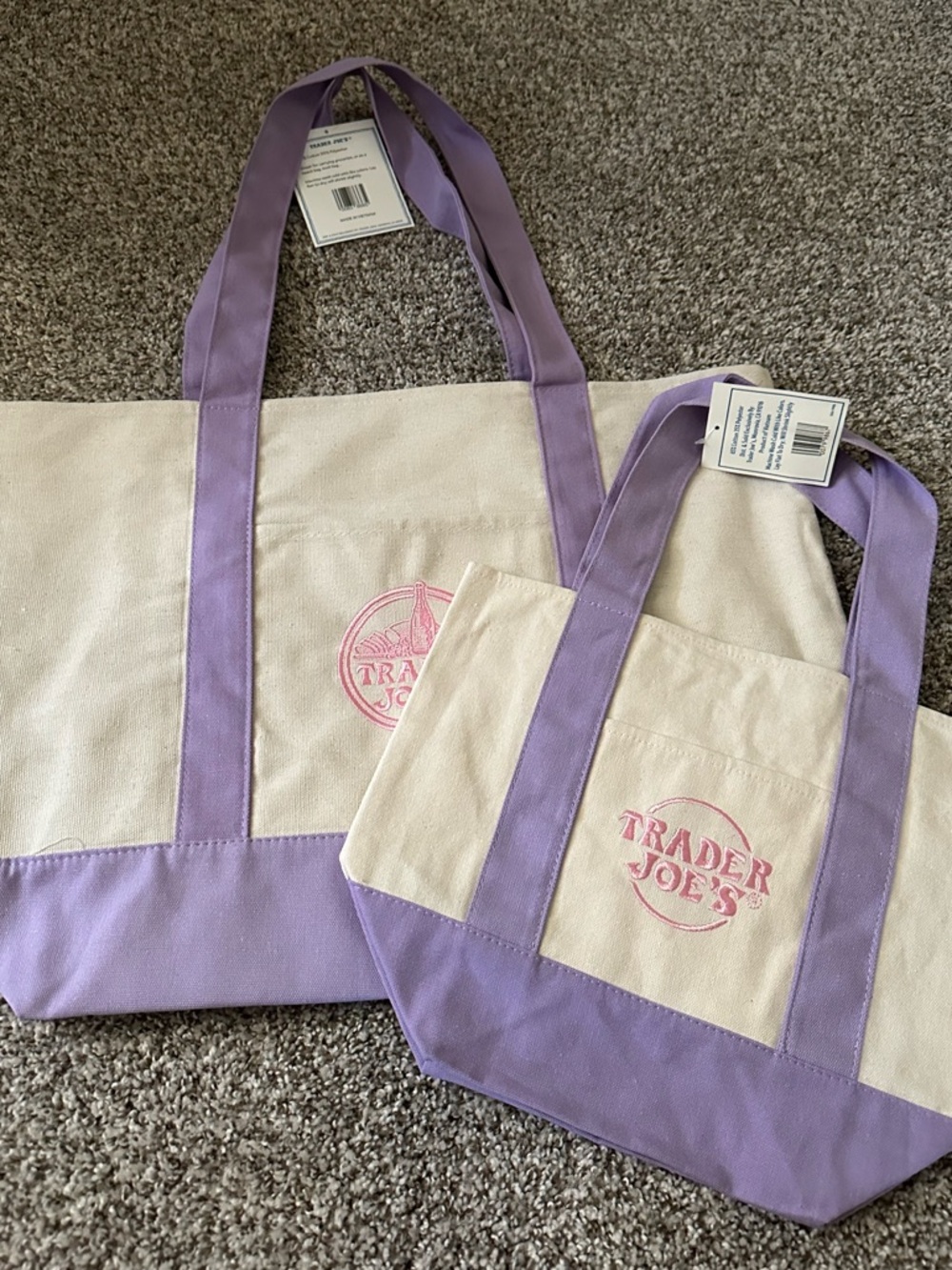 Trader Joe’s Lavender Accent Canvas Tote Bags; Cream&Lavender; 1 small/1big; NWT - Picture 3 of 4